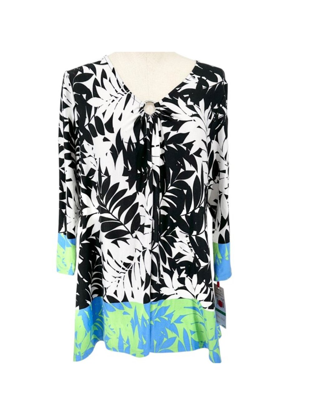 Ruby Rd Ring Accent Tunic Top Womens L Black White Green Teal 3/4 Sleeves V Neck